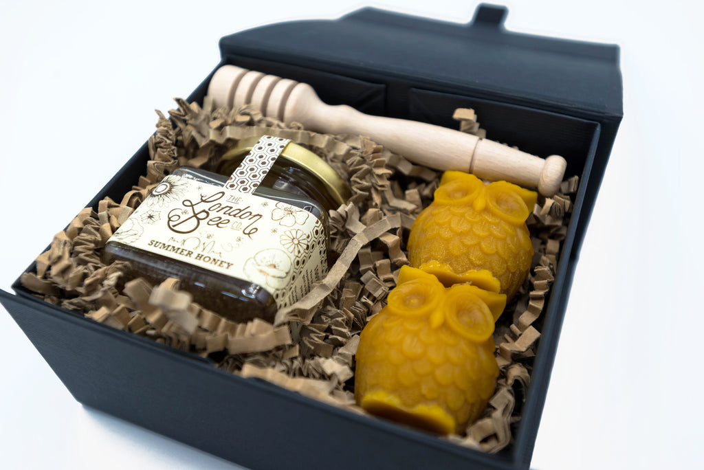 Small Beeswax Candle, and Honey Gift Box - Owls